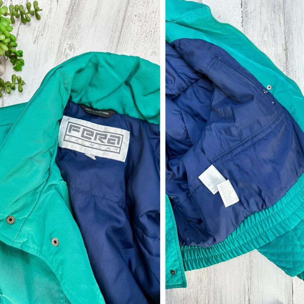 Vintage 80’s Fera Ski Wear Bright Teal Green Blue Ribbon Trim Winter Puffer Coat - Picture 6 of 6